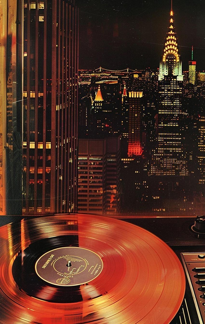 Manhattan skyline with vinyl record