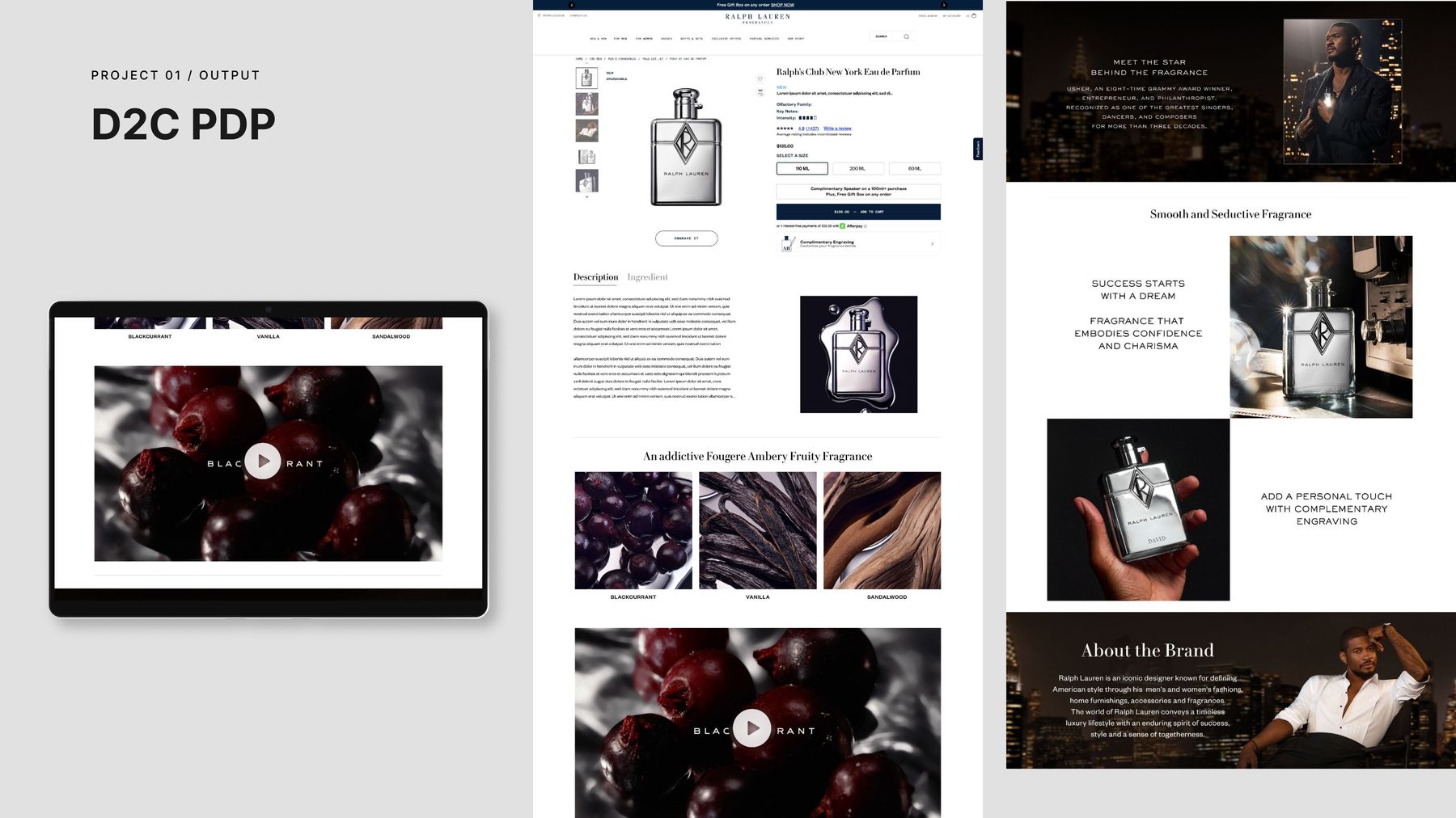 D2C PDP — desktop, tablet, and story panels
