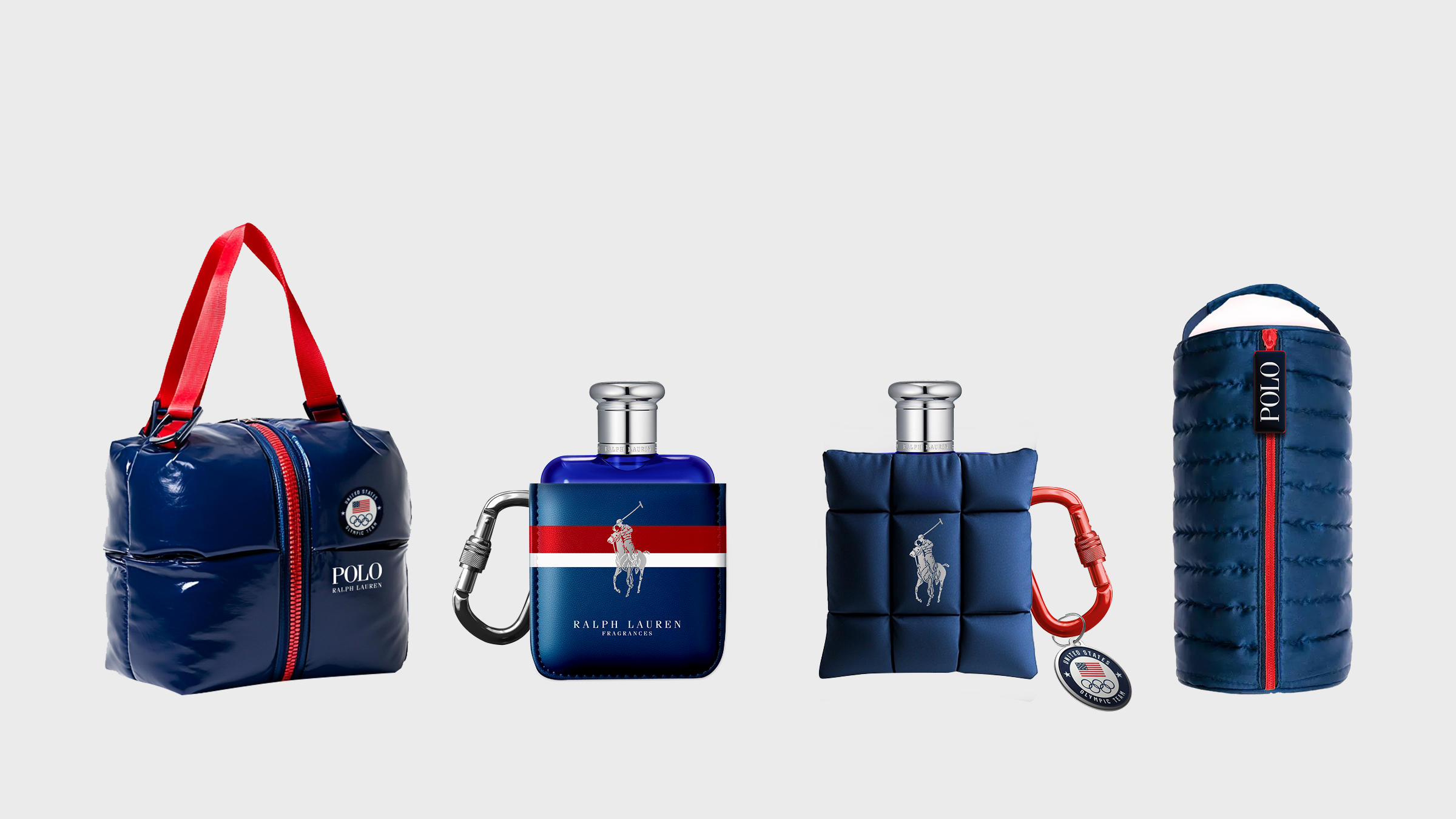 GWP lineup — puffer tote, flask, padded pouch, bottle sleeve