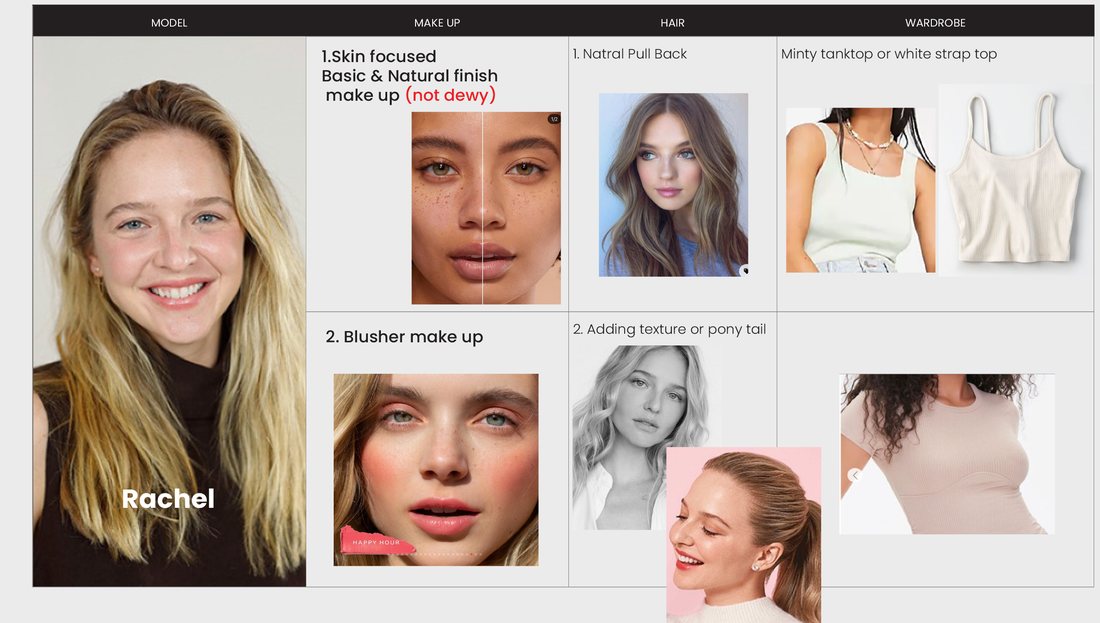 Styling board — Rachel, light skin tone: makeup, hair, wardrobe