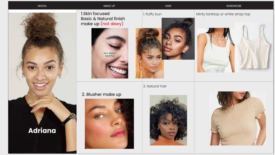 Styling board — Adriana, medium skin tone: makeup, hair, wardrobe