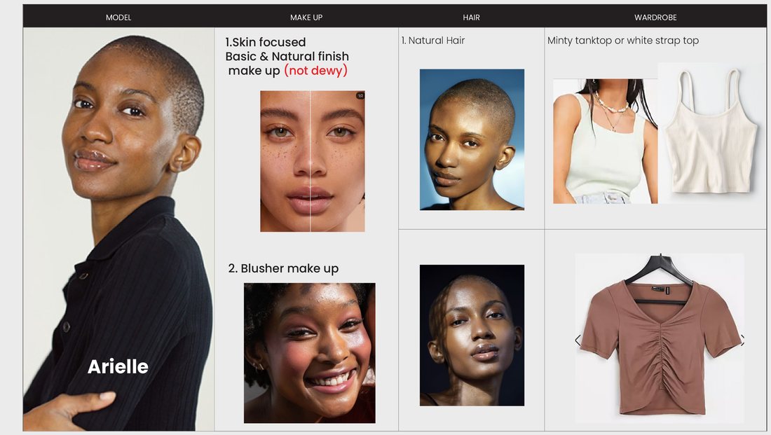 Styling board — Arielle, deep skin tone: makeup, hair, wardrobe