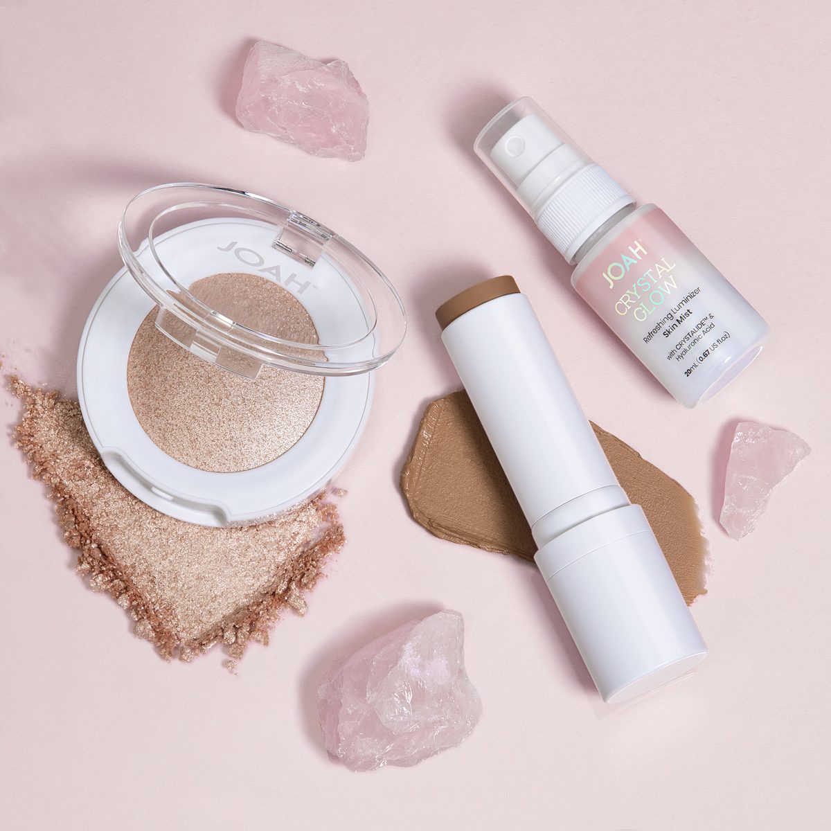 Crystal Glow flat lay with rose quartz